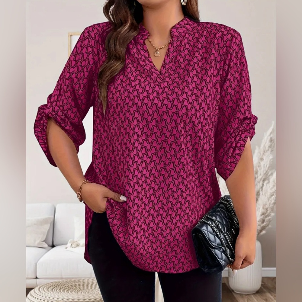 Casual Blouse Allover Print Roll Up Sleeve Notched Neck Tunic 1X worn once pink